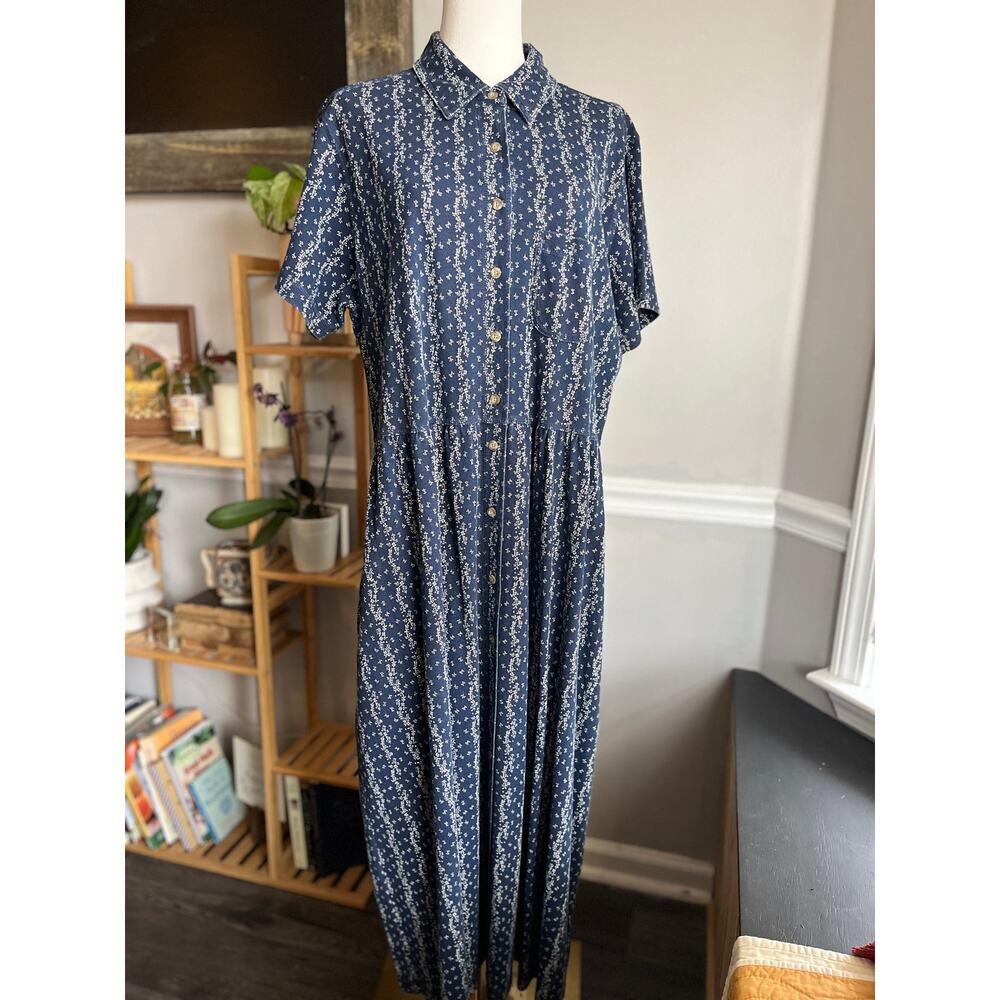L.L.Bean Maxi Dress Blue and White Floral Button Front Cotton Size XL - Picture 2 of 6